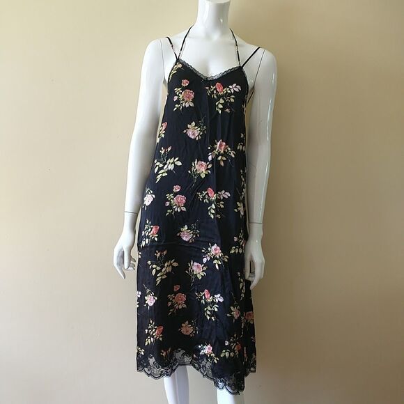R13 Lace Back Slip Dress XS Black Pink Floral 100%Silk Lace Up Adjustable Strap - Picture 1 of 13